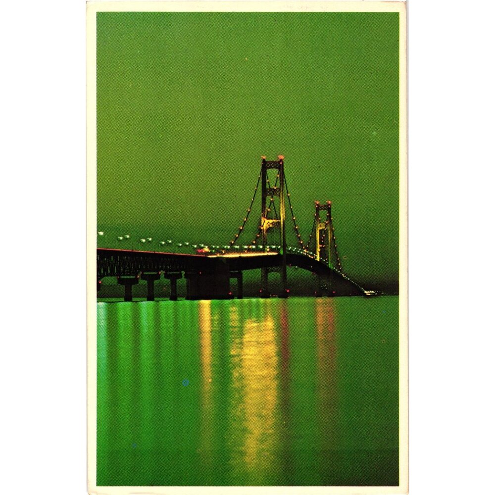 Mackinac Bridge Night Scene Tower Reflection Postcard Plastichrome Vintage